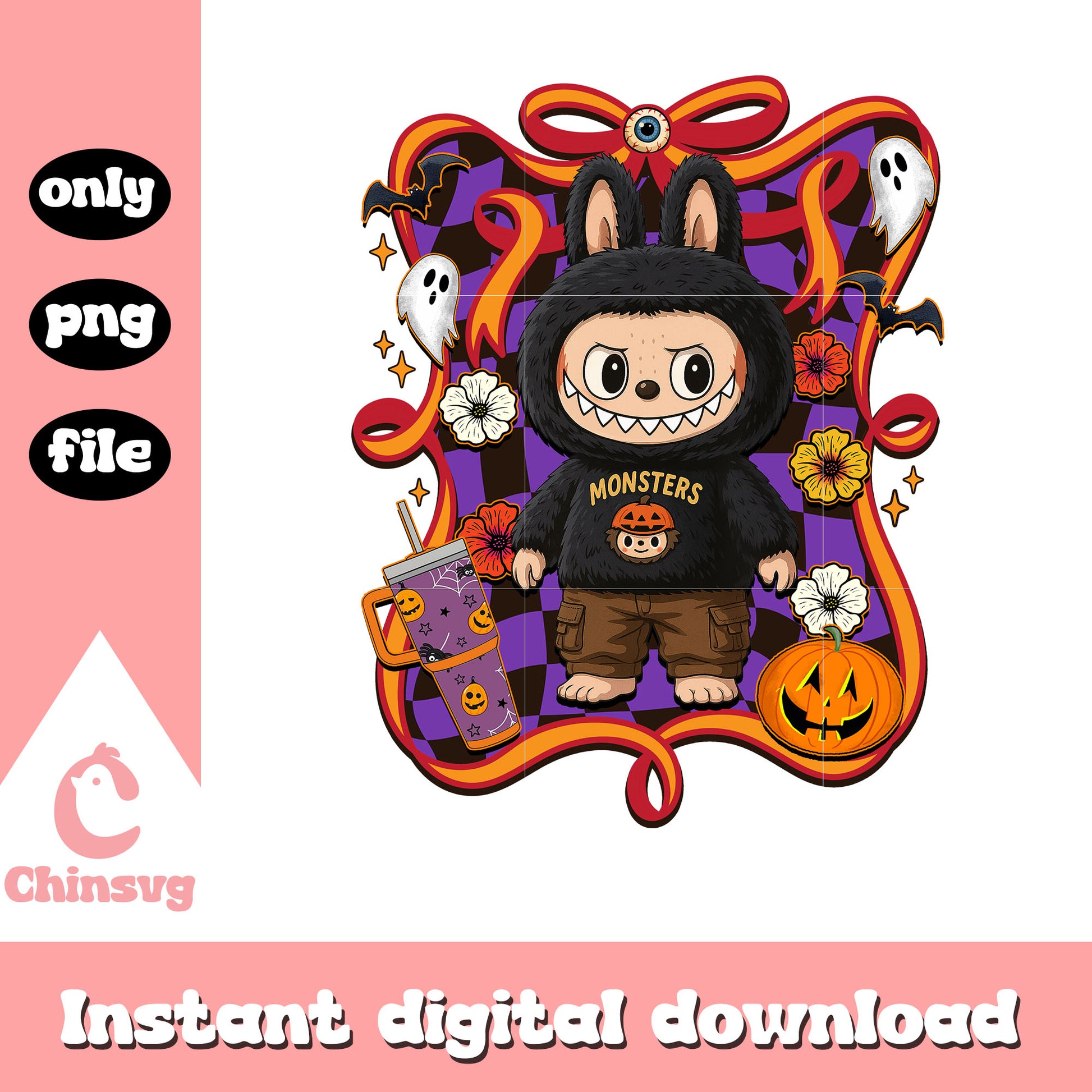 Black monster halloween labubu bow png, halloween monster png