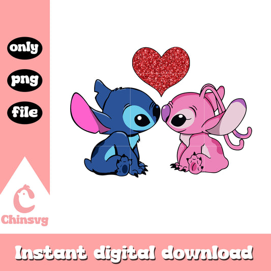 Bling heart kiss couple png, valentines day stitch​​ png