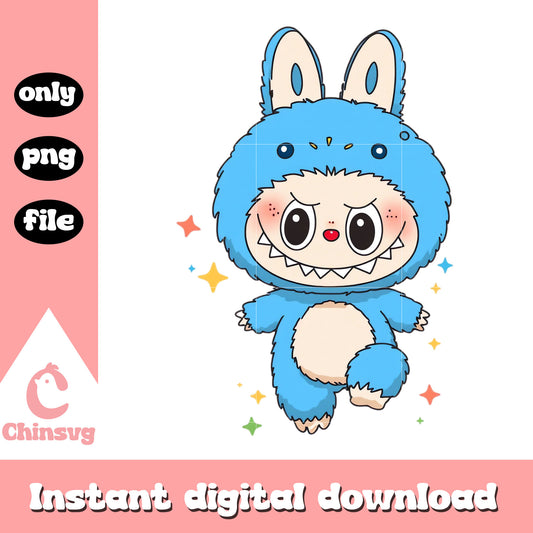 Blue baby cute labubu with sofa design png, labubu mmonster png