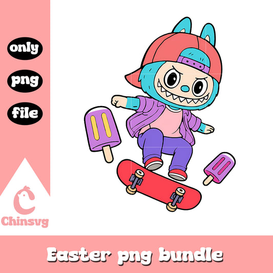 Blue cool skater labubu cute doll design png, labubu drawing png