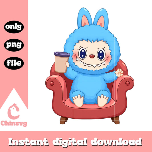Blue cute labubu with sofa design png, labubu dolls png