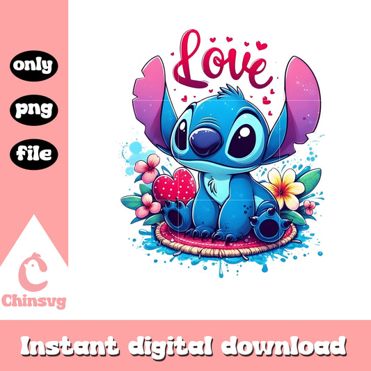 Blue flower stitch love png, stitch valentines day​​ png