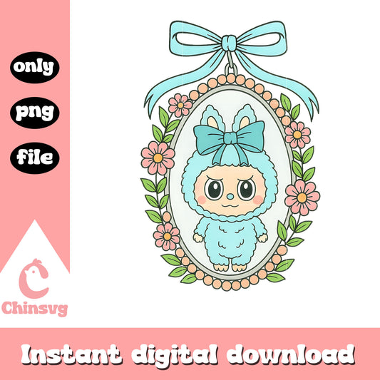Blue labubu coquette bow floral mirror design png, labubu blue png  