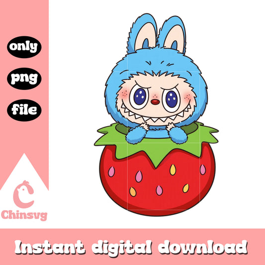 Blue labubu cute strawberry design png, labubu clothes png