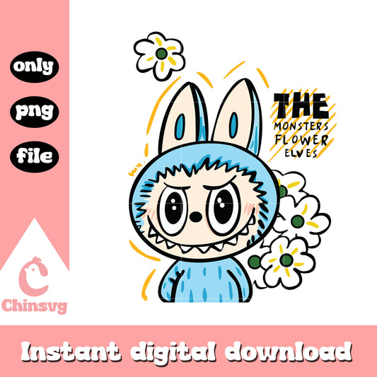 Blue labubu flower elves design png, labubu clipart png