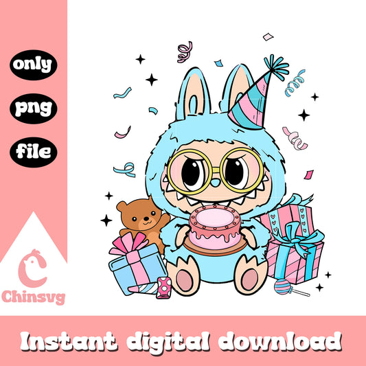 Blue labubu holding birthday cake design png, birthday png