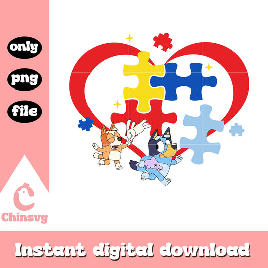 Bluey Bingo heart shape png, autism awareness puzzle peaces png