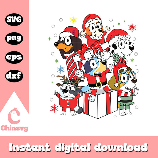Bluey and friend on christmas day design svg, santa claus svg