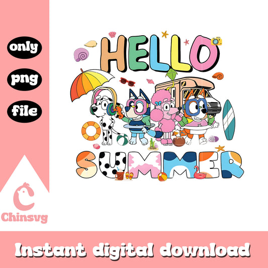 Bluey and friends hello summer design png, bluey summer​ png