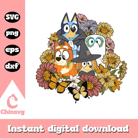 Bluey and friends vintage flower svg, bluey halloween svg