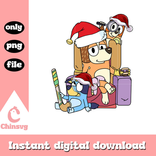 Bluey bingo and mom santa hat design png, bluey and bingo christmas​ png