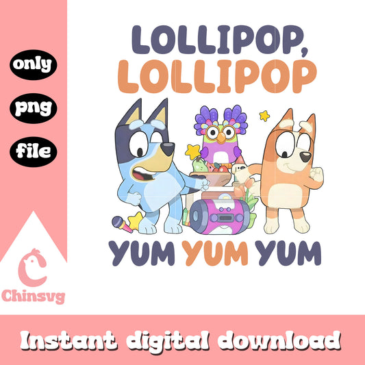 Bluey bingo lollipop yum yum yum design png, lollipop png