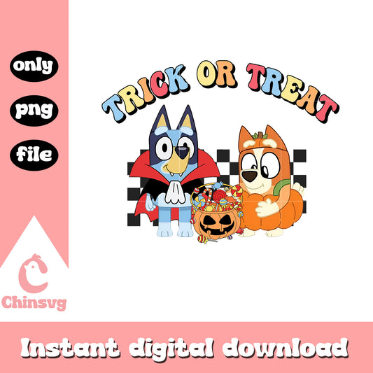 Bluey bingo trick or treat design png, bluey and bingo halloween​ png