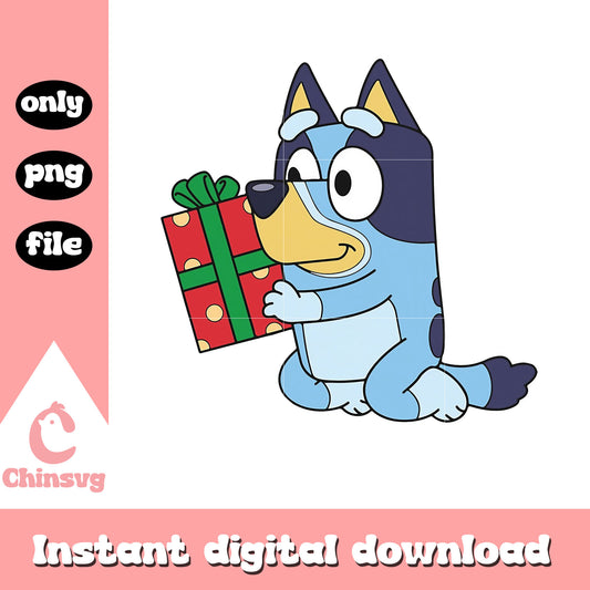 Bluey dog with christmas present design png, bluey merry christmas​ png