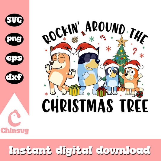 Bluey family rockin' around the christmas tree svg, bluey family svg