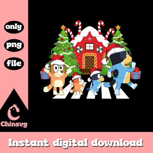 Bluey family with christmas house png, bluey family christmas png