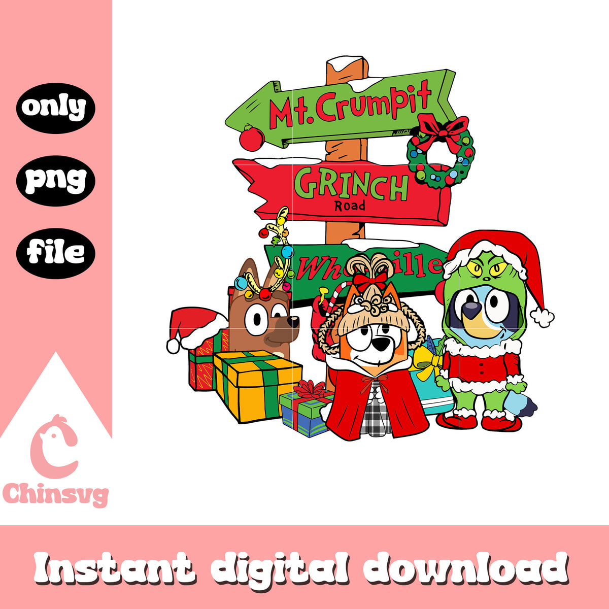 Bluey friend grinch road christmas design png, bluey grinch png