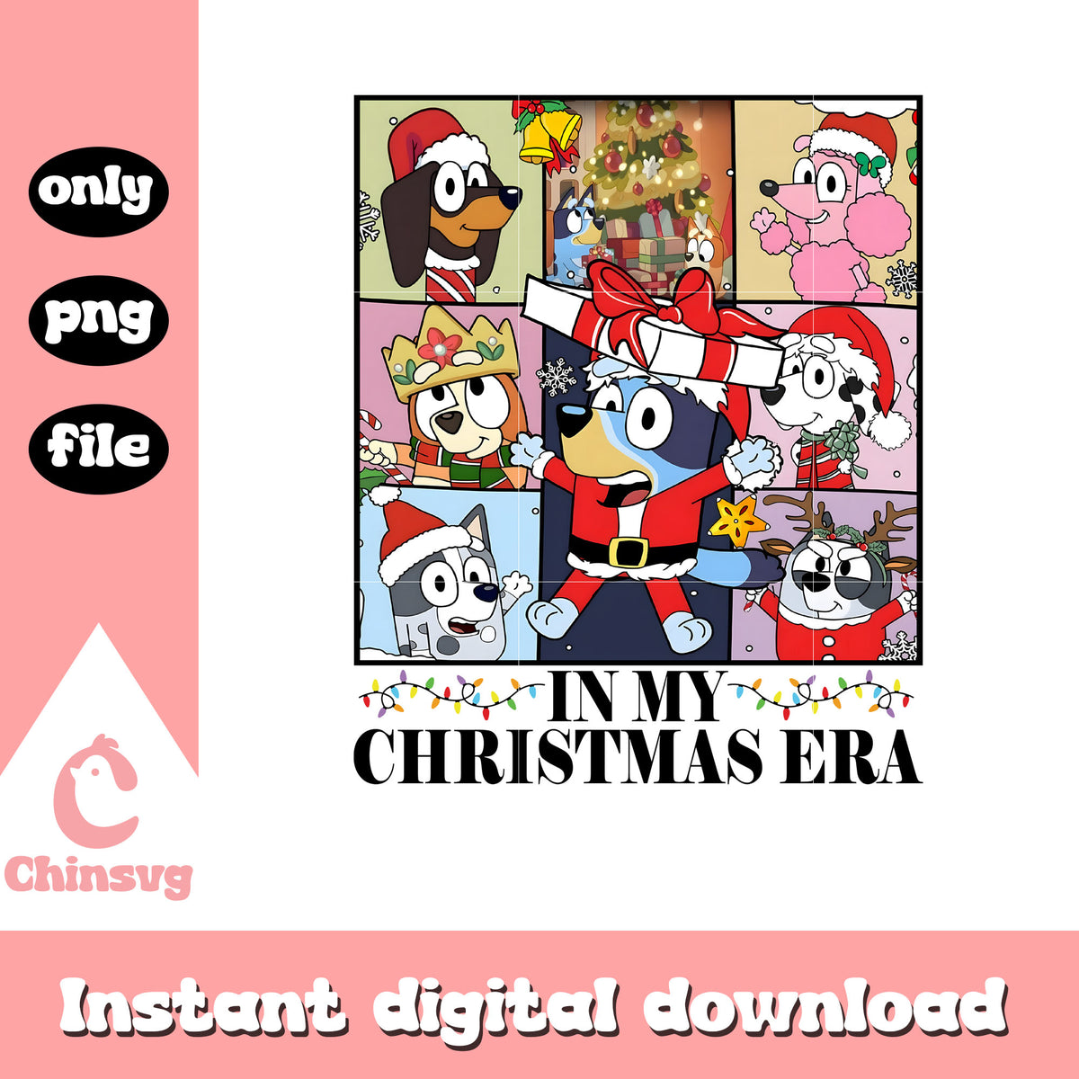 Bluey friends in my christmas era png, christmas lights png