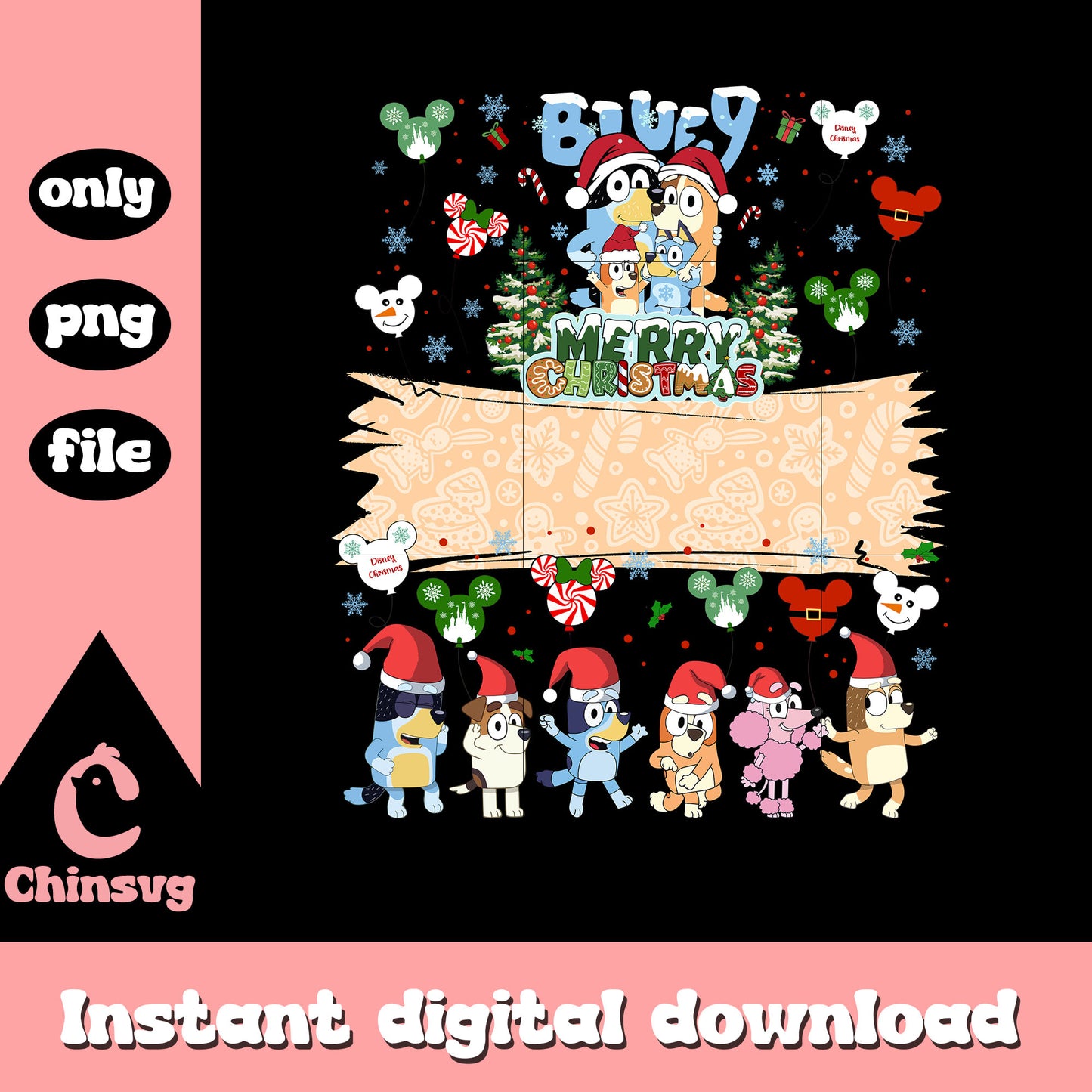 Bluey friends merry christmas design png, bluey christmas decor png