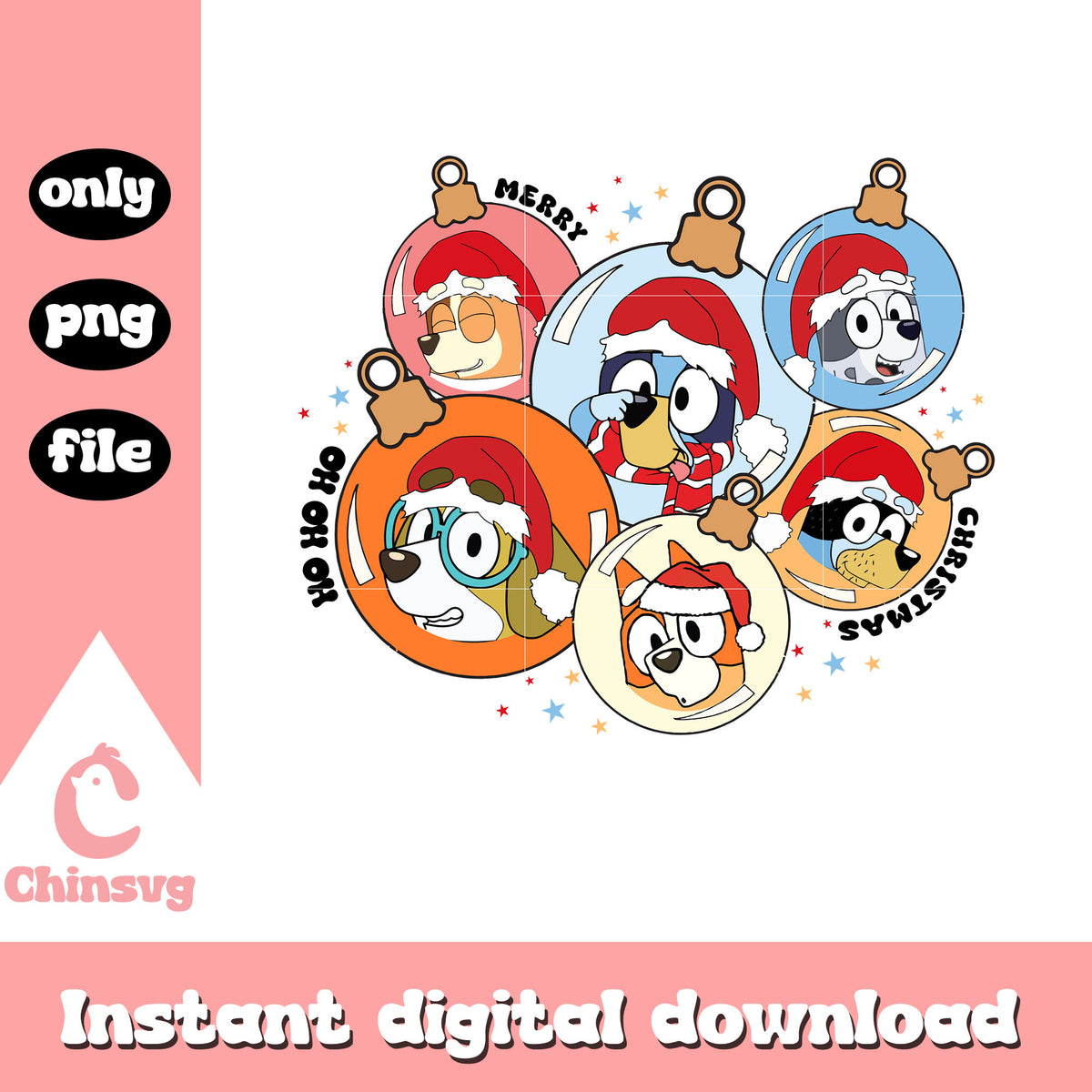Bluey friends merry christmas light bulb png, bluey santa hat png