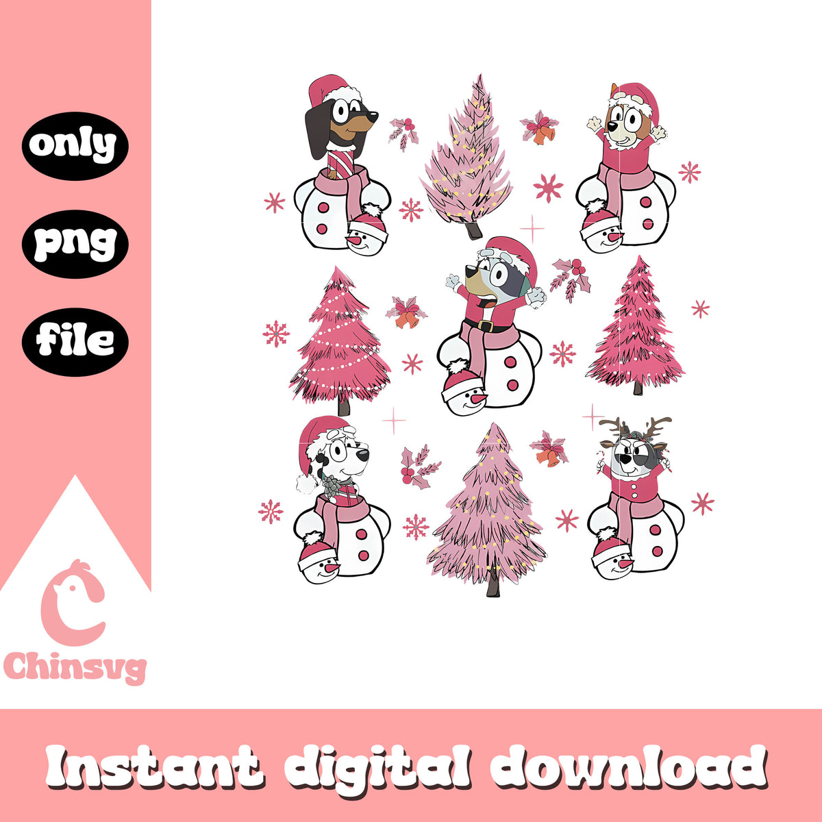 Bluey friends snowman pink christmas tree png, pink christmas tree​ png