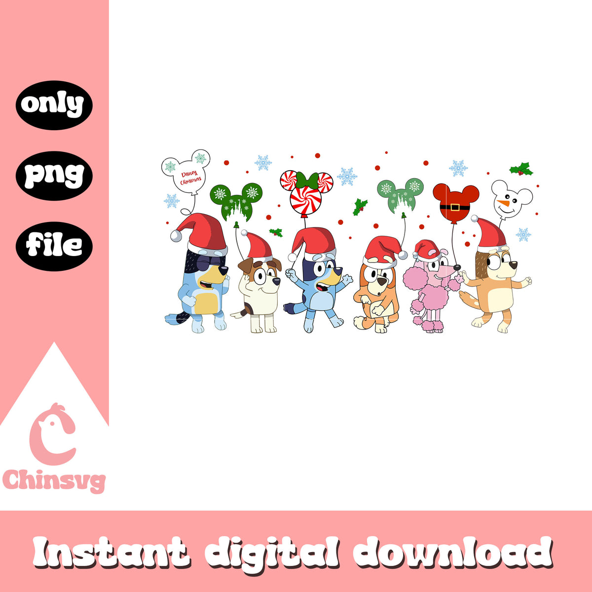 Bluey friends with balloon christmas png, bluey christmas png