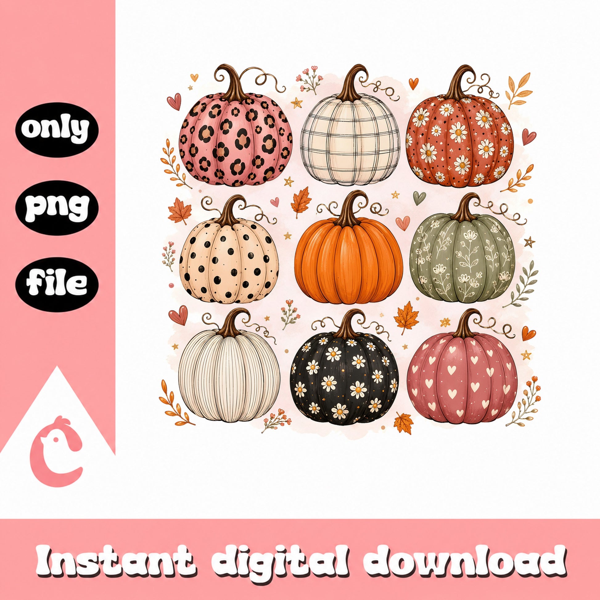 Boho Pumpkin Bundle PNG, Fall Halloween Clipart, Autumn PNG