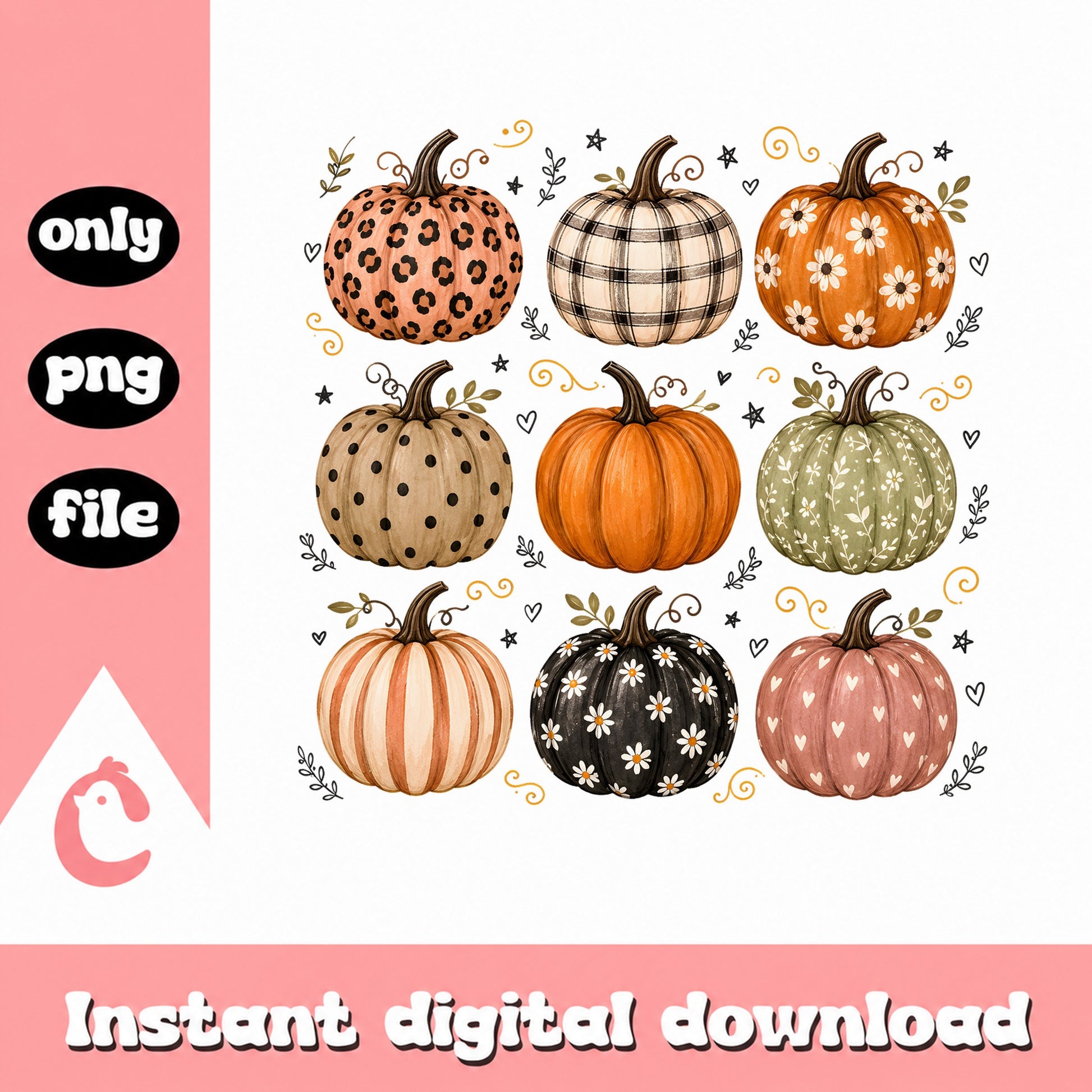 Boho Pumpkin Bundle PNG, Fall Halloween Pumpkins, Autumn PNG