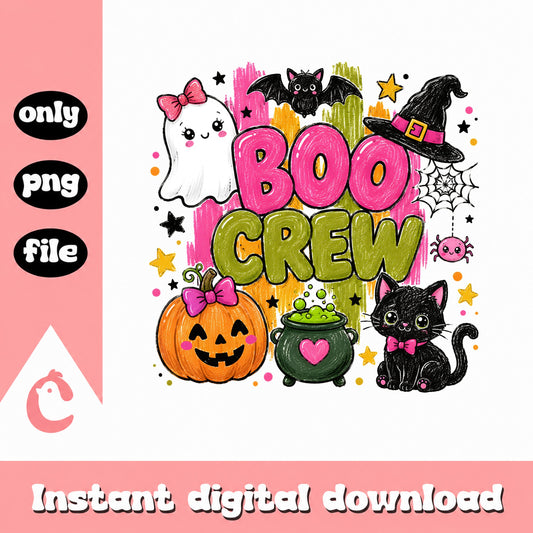 Boo Crew Halloween PNG, Cute Ghost Pumpkin Black Cat PNG, Halloween PNG