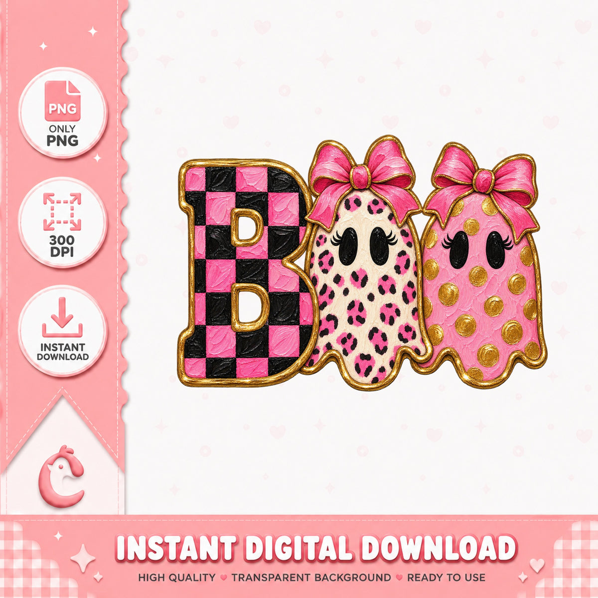 Boo Halloween Ghost PNG, Leopard Print Bow Design, Sublimation PNG