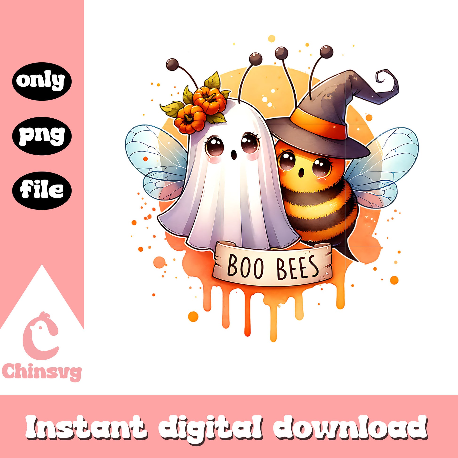 Boo bees ink smelt design png, spooky boo png
