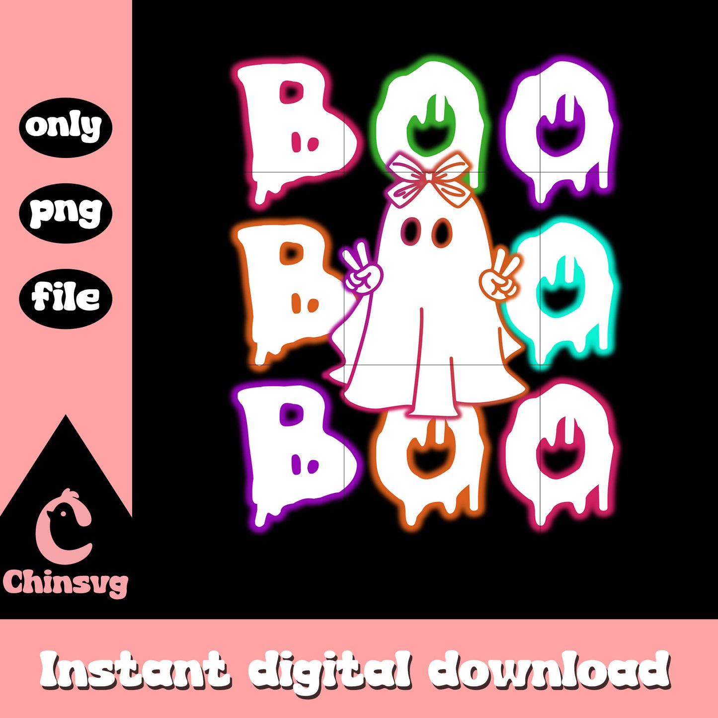 Boo ghost bow halloween neon png, halloween ghost cute png