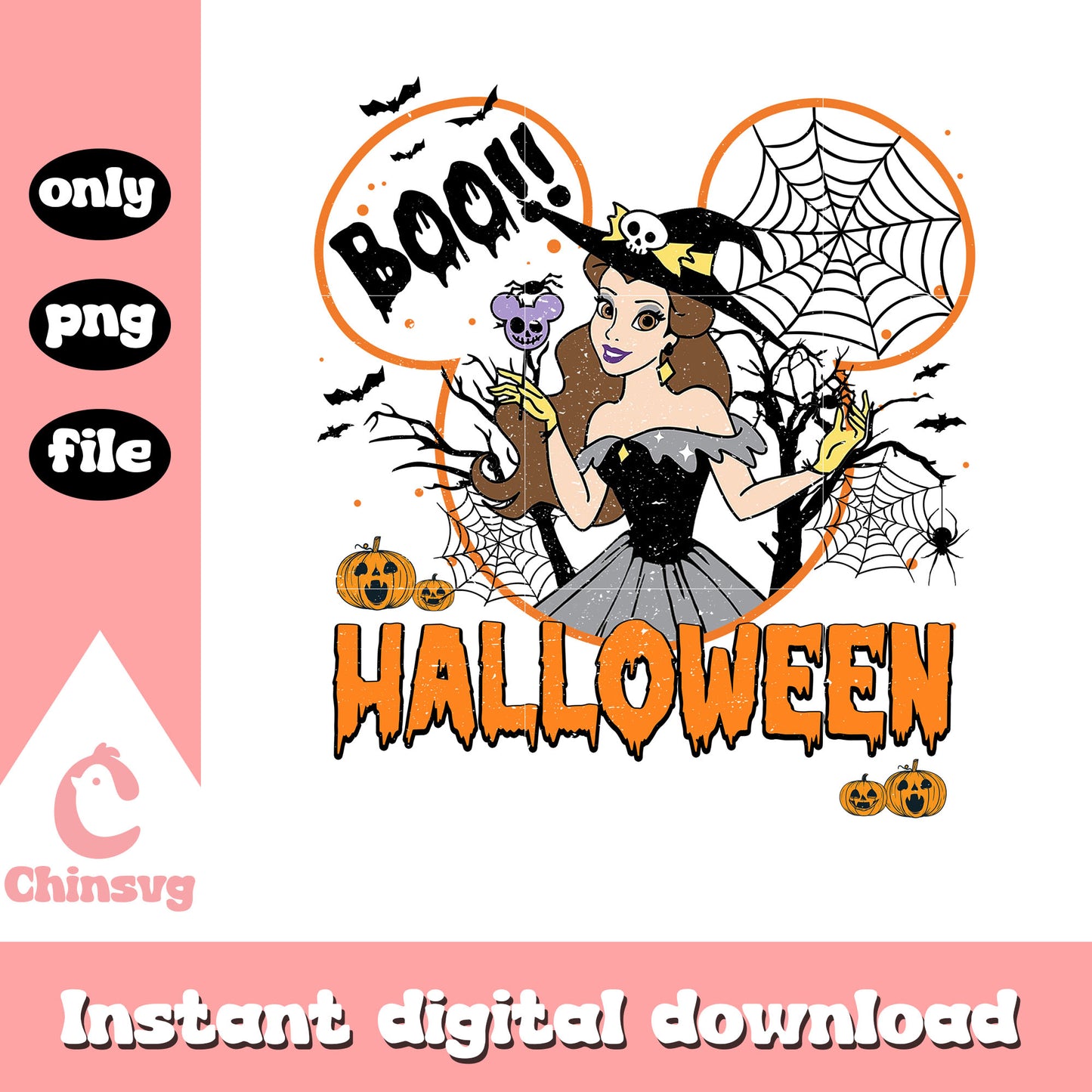 Boo halloween belle mickey ear design png, belle princess png