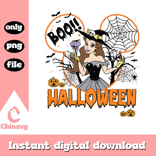 Boo halloween belle mickey ear design png, belle princess png