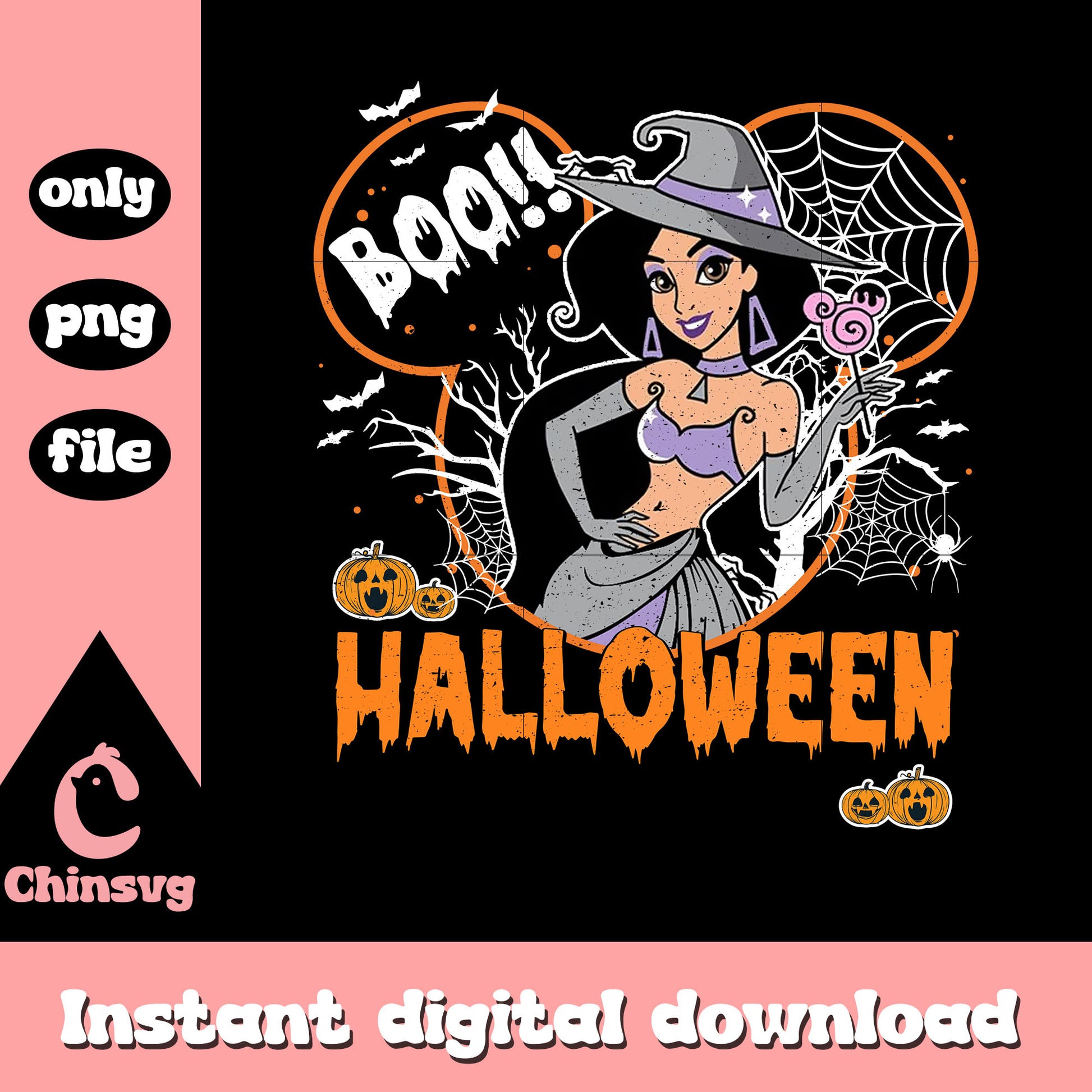 Boo halloween jasmine mickey ear design png, jasmine princess png