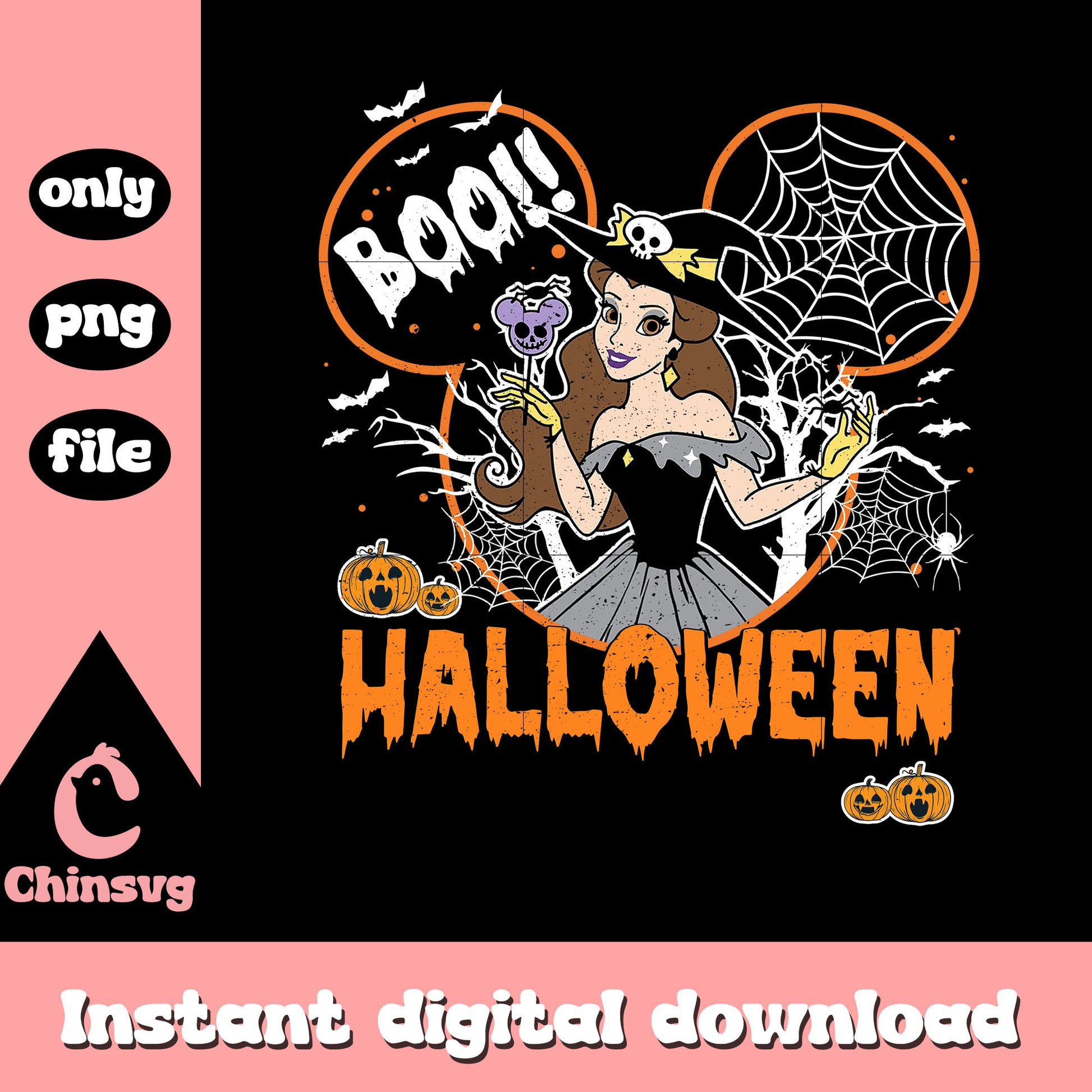 Boo halloween mickey ear belle witch png, disney belle png