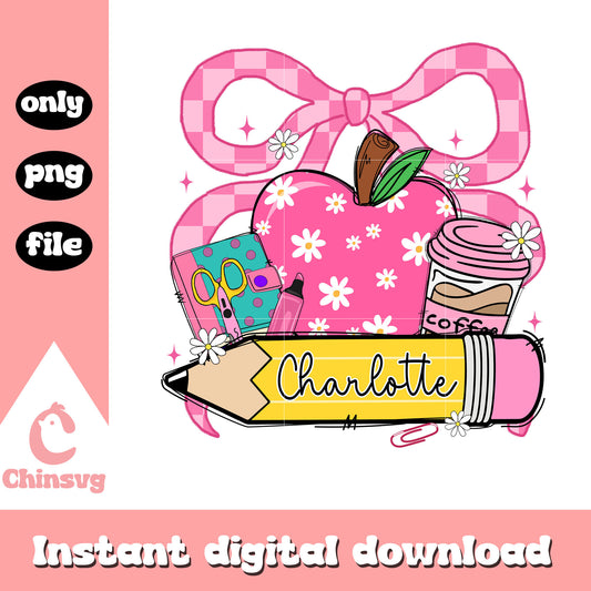 Book pencil charlotte school design png, back to school png