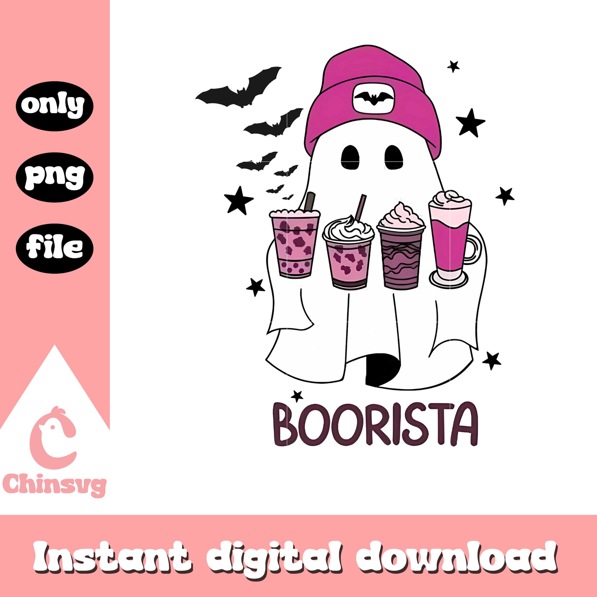 Boorista ghost drink milk tea design png, pink ghost png