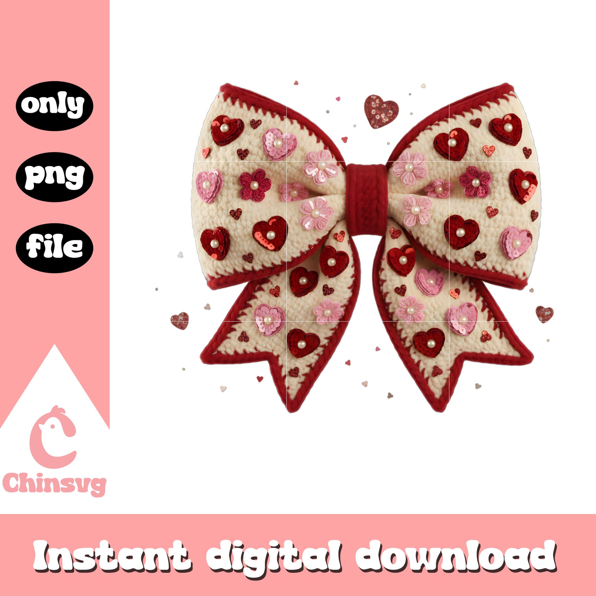 Bow design hearts flower crochet png, valentines bow png