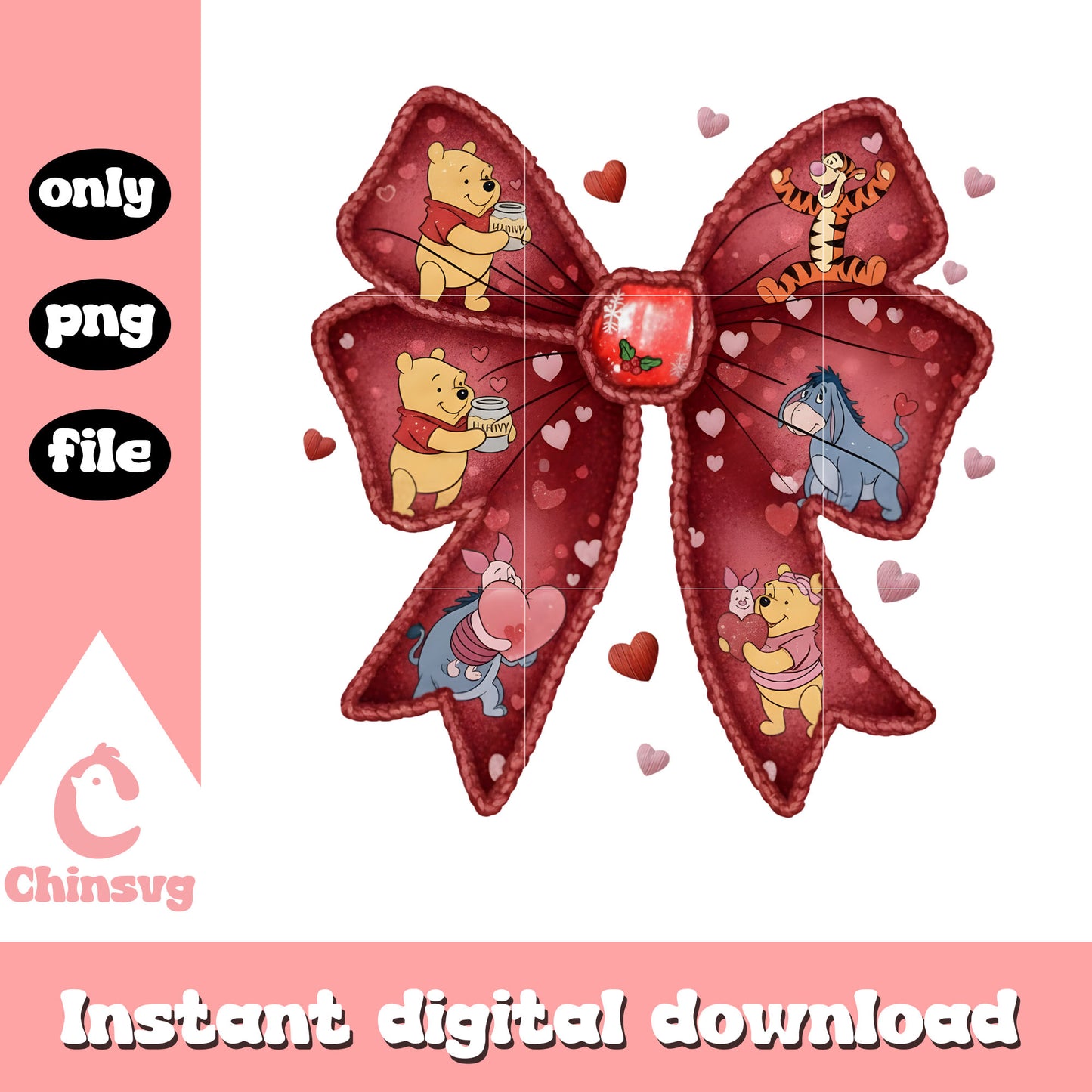 Bow pooh friends crochet png, valentines day bow​ png