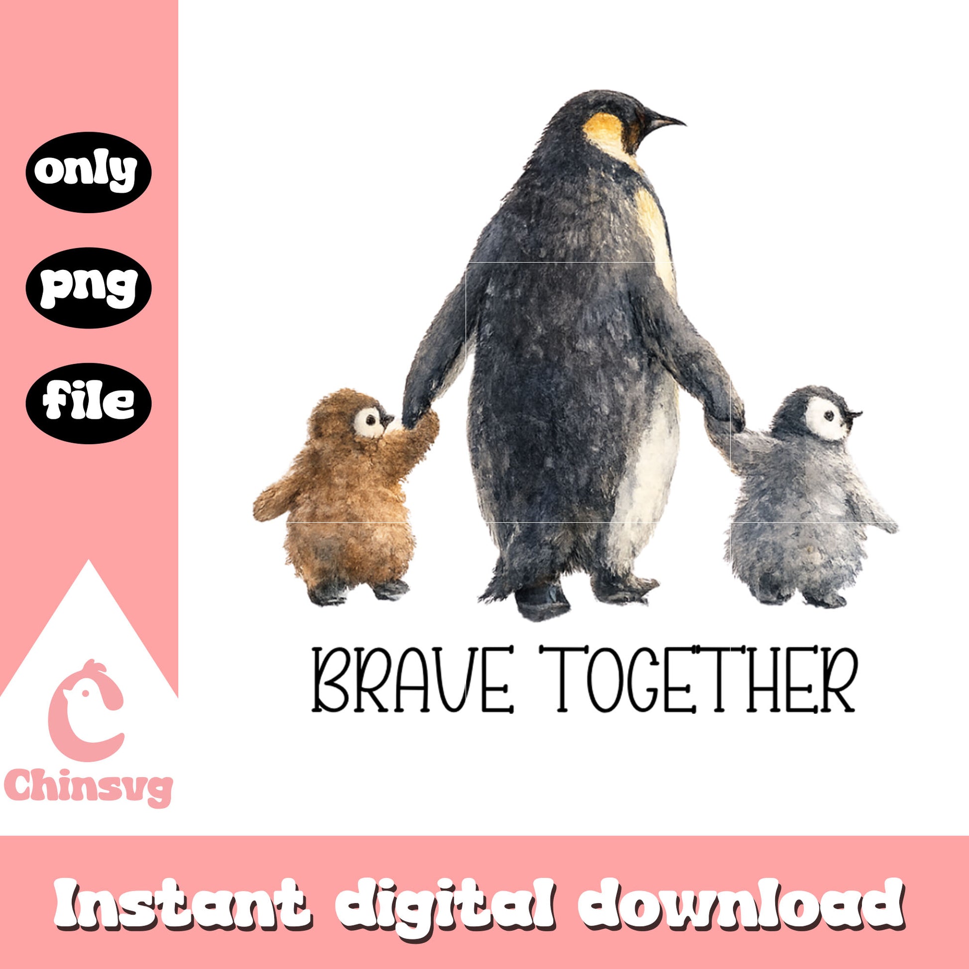 Brave together penguin watercolor png, penguin lonely png