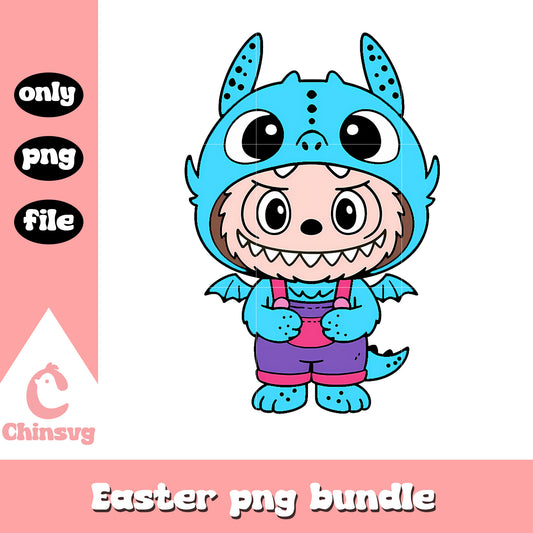 Bright blue baby dragon labubu cute doll png, labubu box png