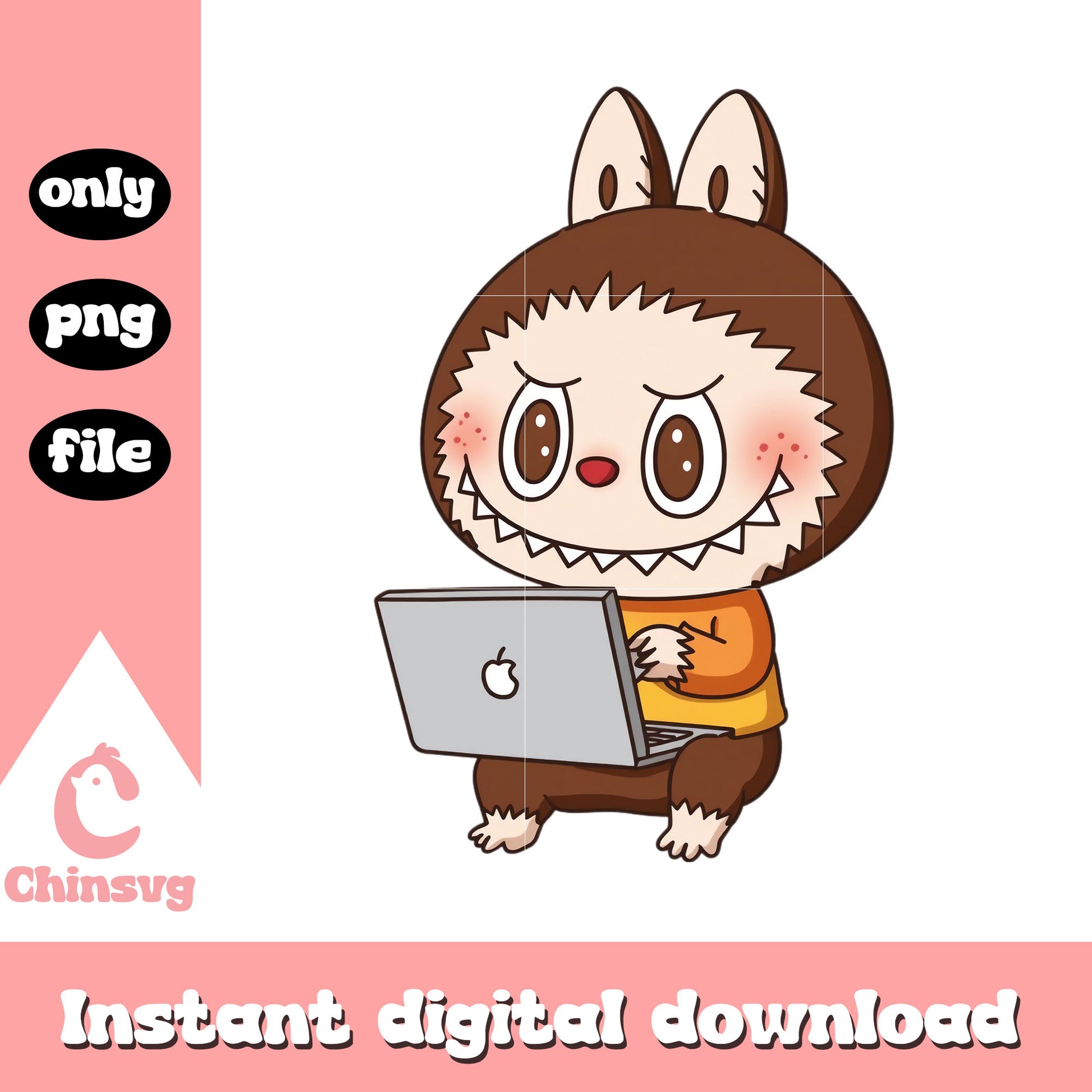 Brown labubu using laptop doll png, labubu drawing png