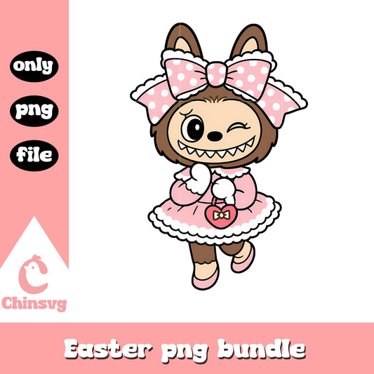 Brown winking bow girl labubu doll design png, labubu png