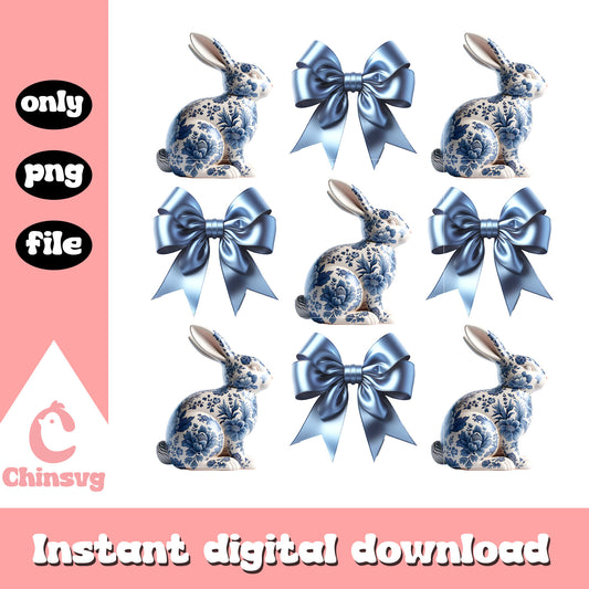 Bunnies and bows blue design png, blue bow tie​ png, bunny​ png