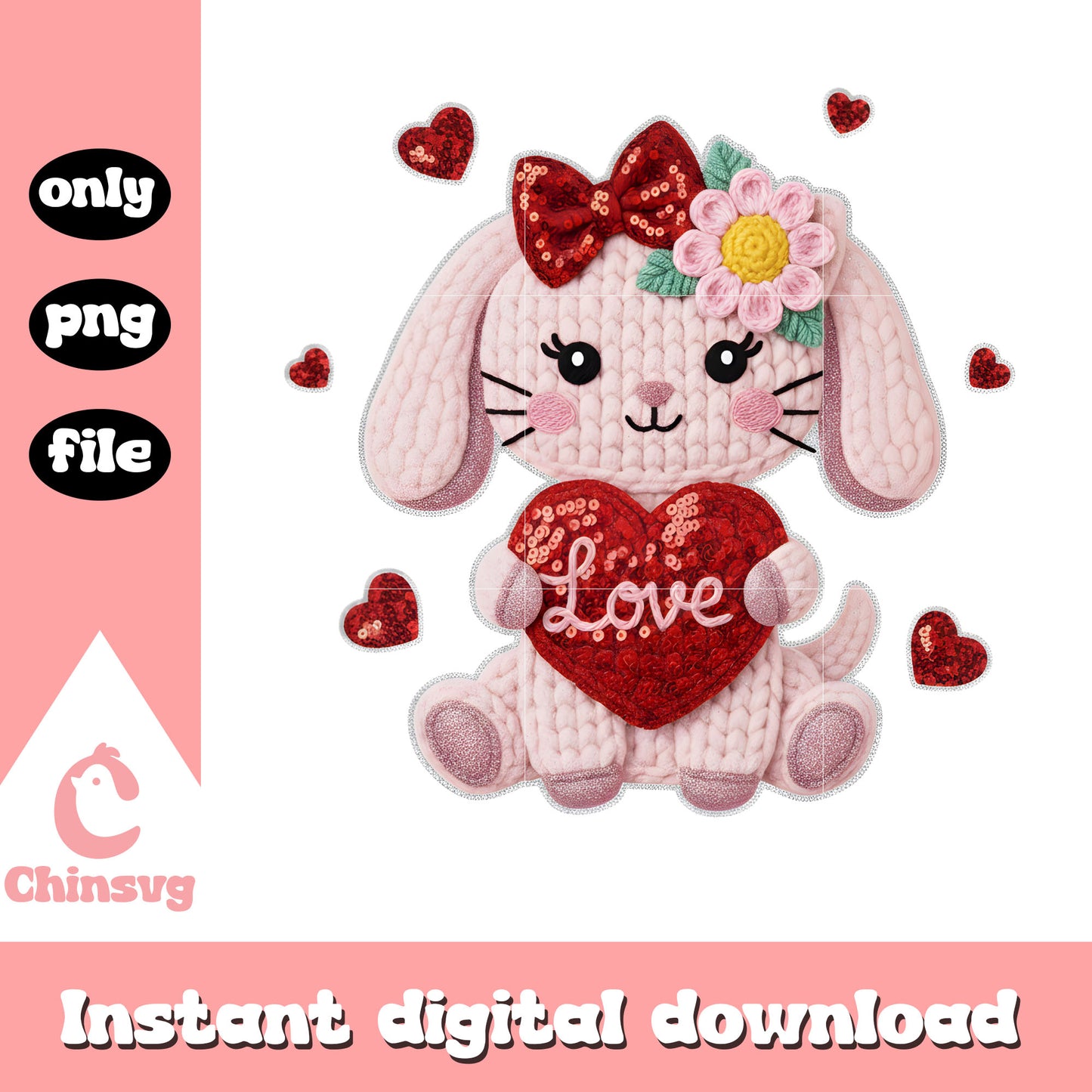 Bunny glitter valentine crochet png, valentines day bunny​ png