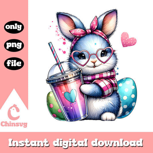 Bunny holding a tumbler design png, cute bunny clipart​ png