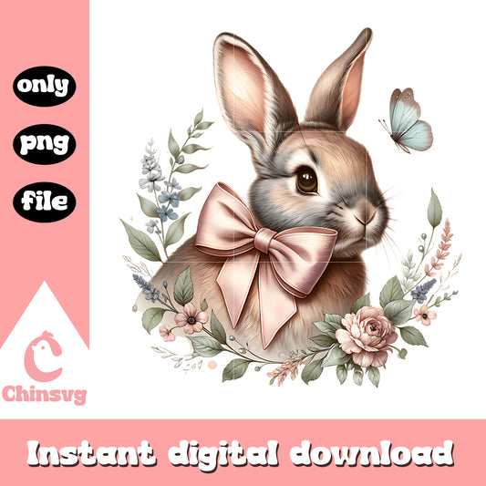 Bunny in pink bow with florals png, floral bunny​ png, bunny png