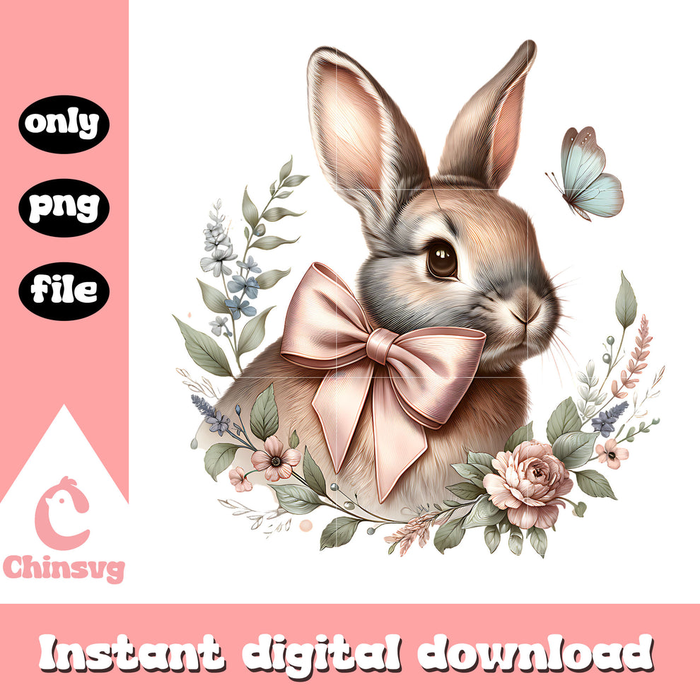 Bunny in pink bow with florals png, floral bunny png, bunny png – Chinsvg