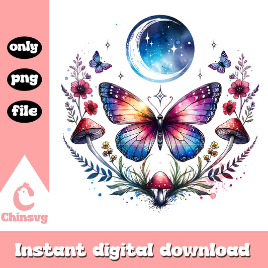 Butterfly moon mushroom design clipart png, butterfly png​